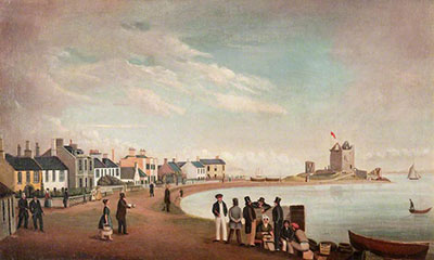 1835 painting showing Beach crescent and Broughty Castle