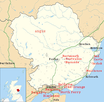 map of Angus showing Hunter of Burnside properties