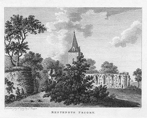 old print showing Restenneth Priory in 1789